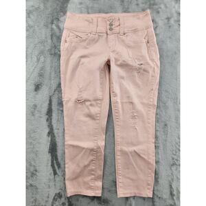 YMI Wannabettabutt 3 Button Distressed Skinny Jeans Size 7 Pink Stretch Denim